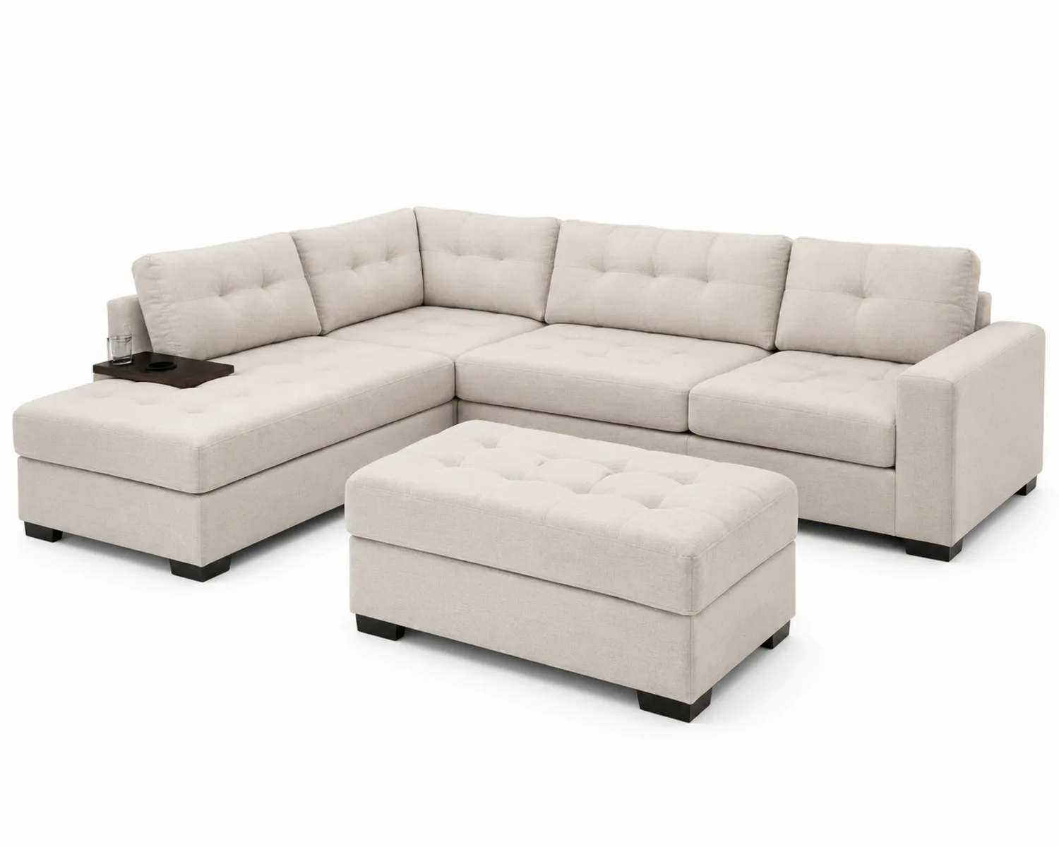 Narożnik z pufą poliester Beżowy 220cm x 145cm z poduszkami-calmhomea