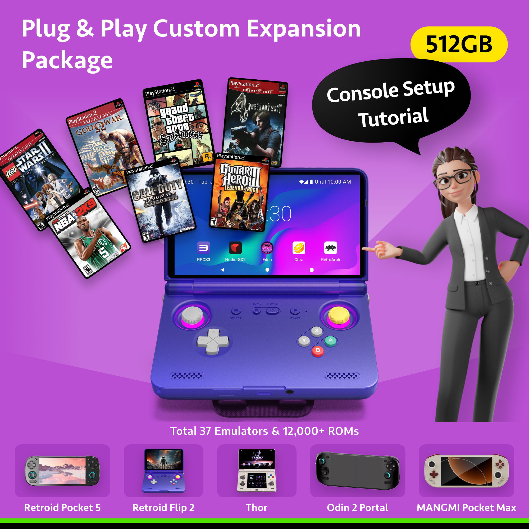 Plug & Play Custom Expansion Package (Pre-Configured System) For Retroid Pocket Flip 2 & RP5 & MANGMI Pocket Max & AYN Thor & AYN Odin 2 Portal (No Console)