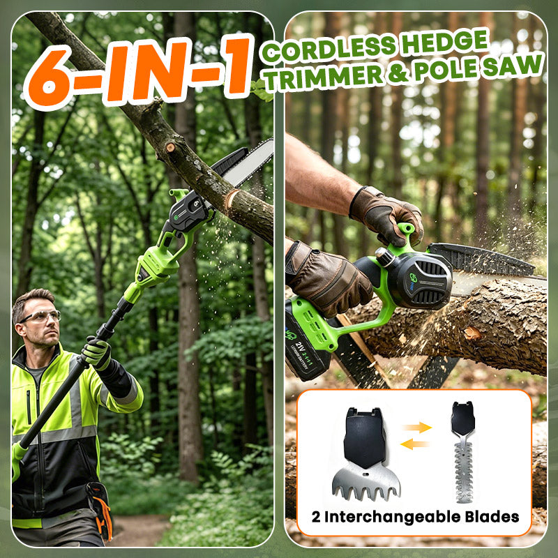 6-In-1 Cordless Hedge, Trimmer, Chainsaw with Extension Pole