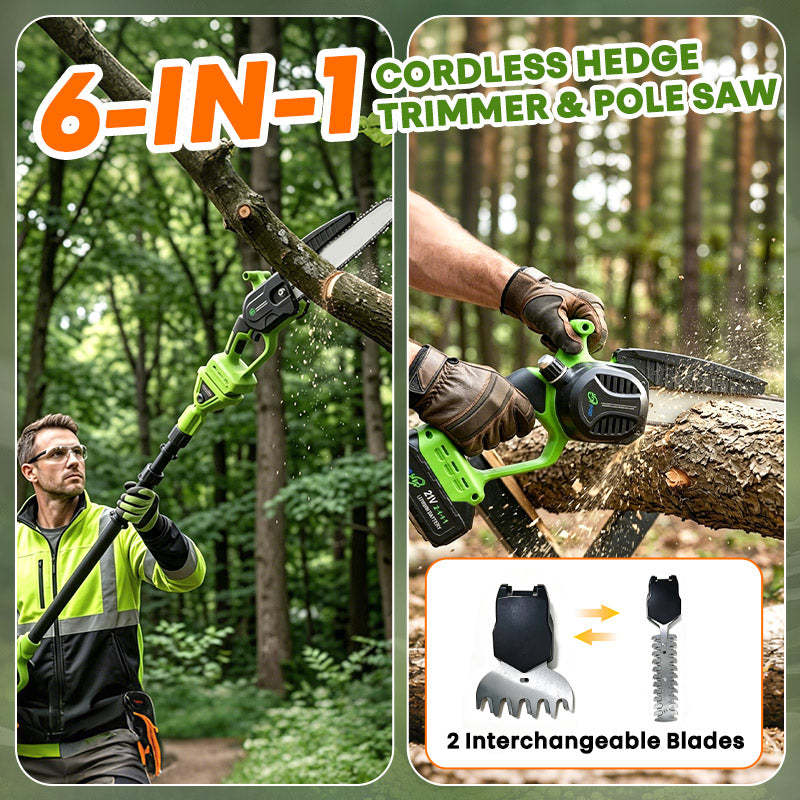6-In-1 Cordless Hedge, Trimmer, Chainsaw with Extension Pole