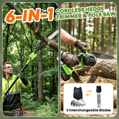 6-In-1 Cordless Hedge, Trimmer, Chainsaw with Extension Pole