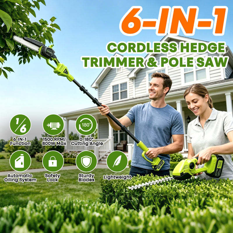 6-In-1 Cordless Hedge, Trimmer, Chainsaw with Extension Pole