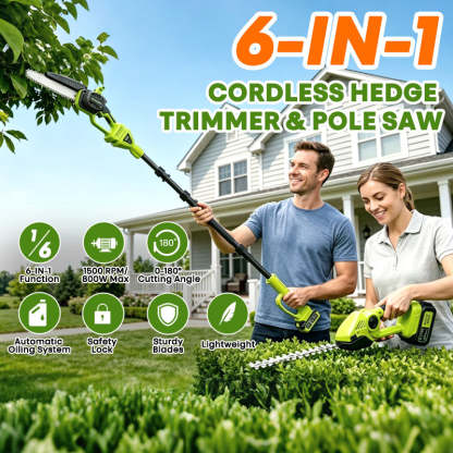 6-In-1 Cordless Hedge, Trimmer, Chainsaw with Extension Pole