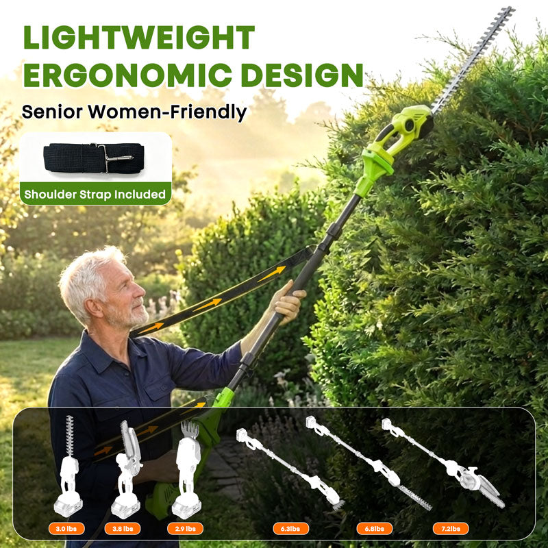 6-In-1 Cordless Hedge, Trimmer, Chainsaw with Extension Pole