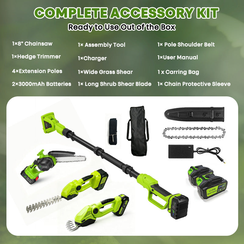 6-In-1 Cordless Hedge, Trimmer, Chainsaw with Extension Pole