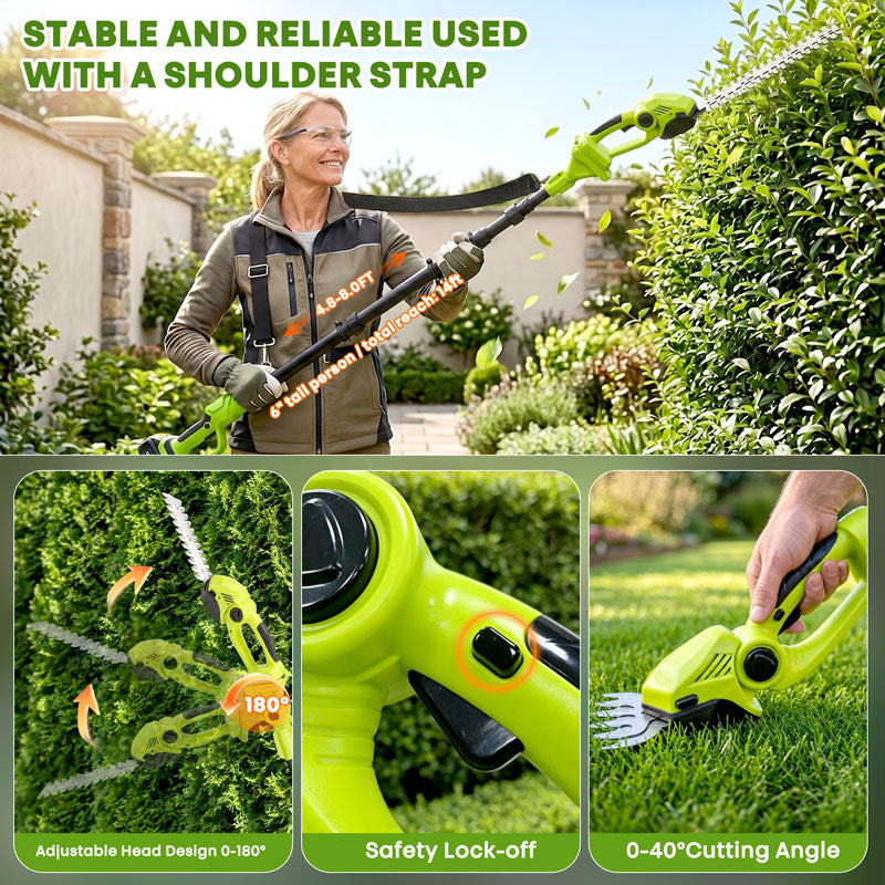 6-In-1 Cordless Hedge, Trimmer, Chainsaw with Extension Pole