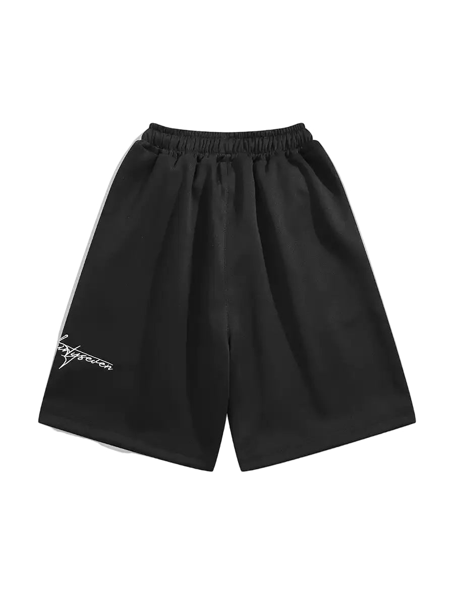 Black shorts with white text on a white background
