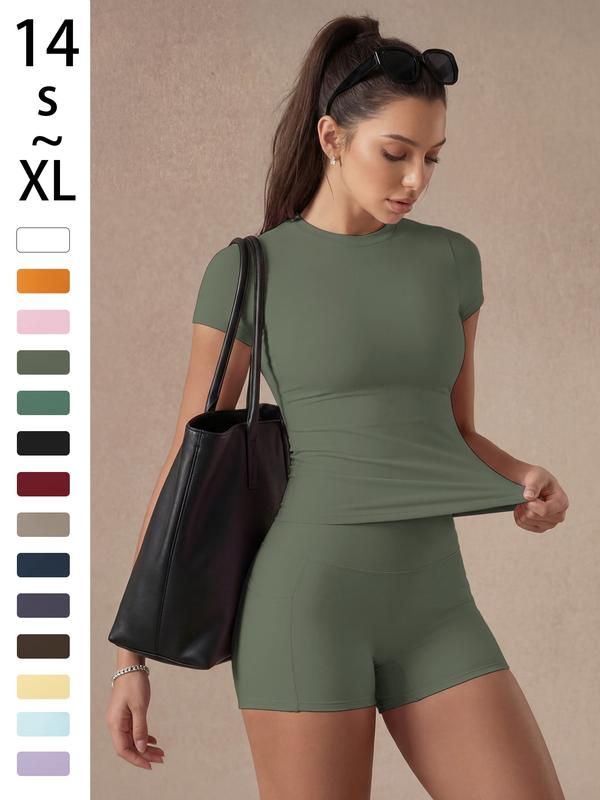 Women's Solid Color Set, Basic Versatile T-Shirt Top, Fashion Multi-Purpose Slimming Hip-Lifting Gym Shorts, Yoga Fitness Gym