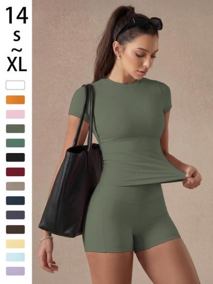 Women's Solid Color Set, Basic Versatile T-Shirt Top, Fashion Multi-Purpose Slimming Hip-Lifting Gym Shorts, Yoga Fitness Gym