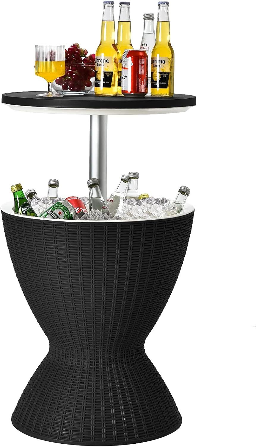 Tangkula - Mesa de Bar para Exteriores, Estilo ratán, Enfriador de Cerveza y Vino de 8 galones, cubeta de Hielo para Todo Tipo de Clima con Altura Ajustable, tapón de Drenaje, Mesa de Centro 3 en 1