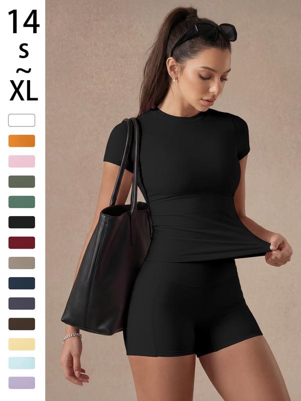 Women's Solid Color Set, Basic Versatile T-Shirt Top, Fashion Multi-Purpose Slimming Hip-Lifting Gym Shorts, Yoga Fitness Gym