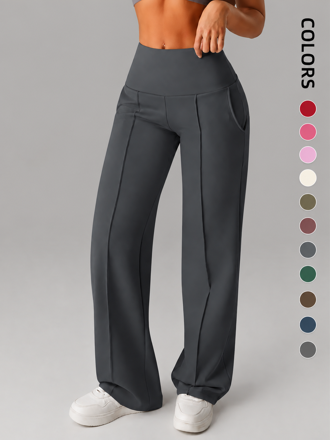 Pantalones de mujer de tiro medio, cintura elástica y pernera ancha; estilo deportivo casual, cómodos bolsillos laterales; ideales para el día a día; moda femenina.