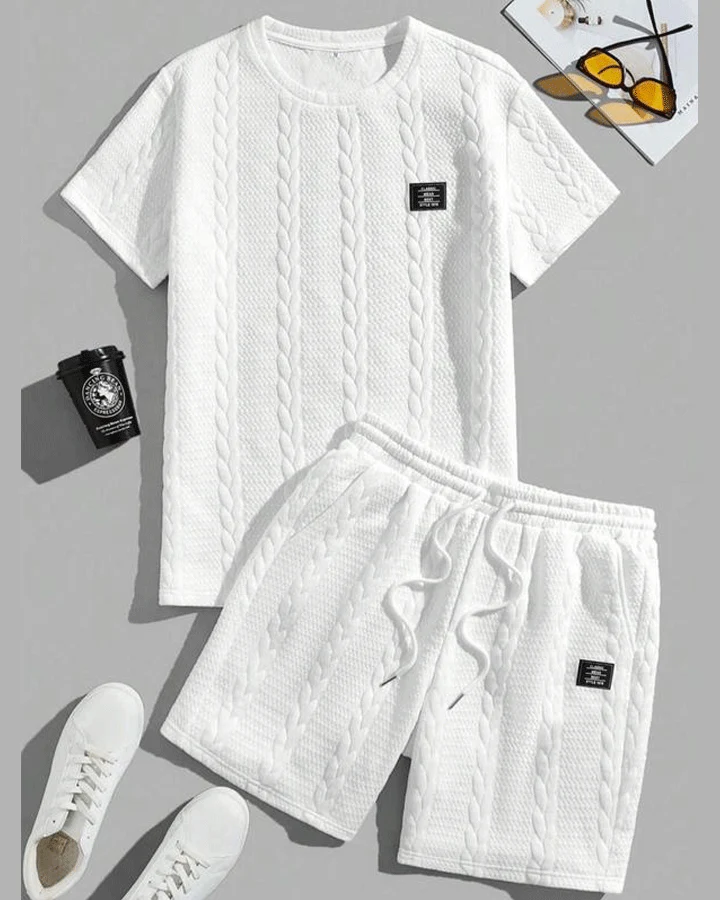 Conjunto de Camiseta Texturizada Sólida para Hombre y Shorts con Cintura Ajustable