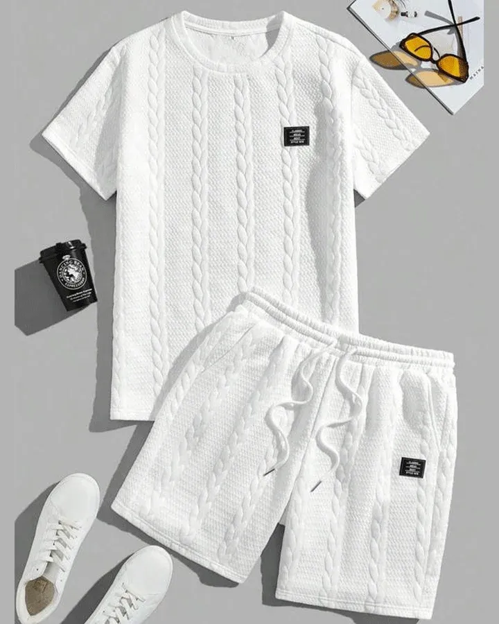 Conjunto de Camiseta Texturizada Sólida para Hombre y Shorts con Cintura Ajustable