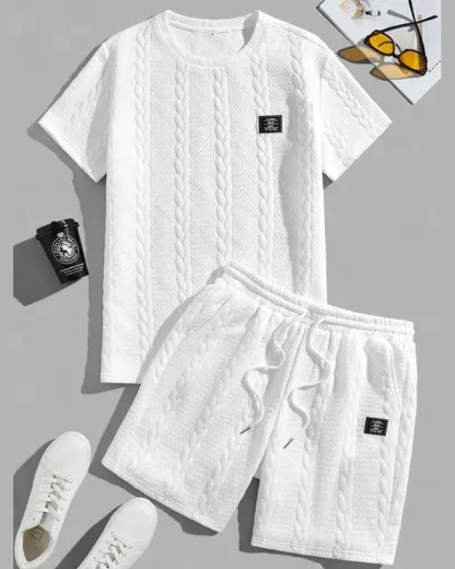 Conjunto de Camiseta Texturizada Sólida para Hombre y Shorts con Cintura Ajustable