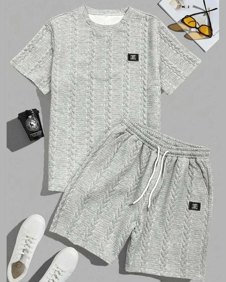 Conjunto de Camiseta Texturizada Sólida para Hombre y Shorts con Cintura Ajustable