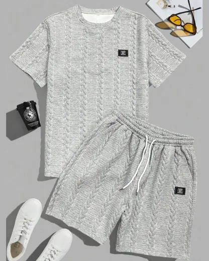 Conjunto de Camiseta Texturizada Sólida para Hombre y Shorts con Cintura Ajustable