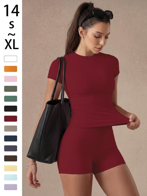 Women's Solid Color Set, Basic Versatile T-Shirt Top, Fashion Multi-Purpose Slimming Hip-Lifting Gym Shorts, Yoga Fitness Gym