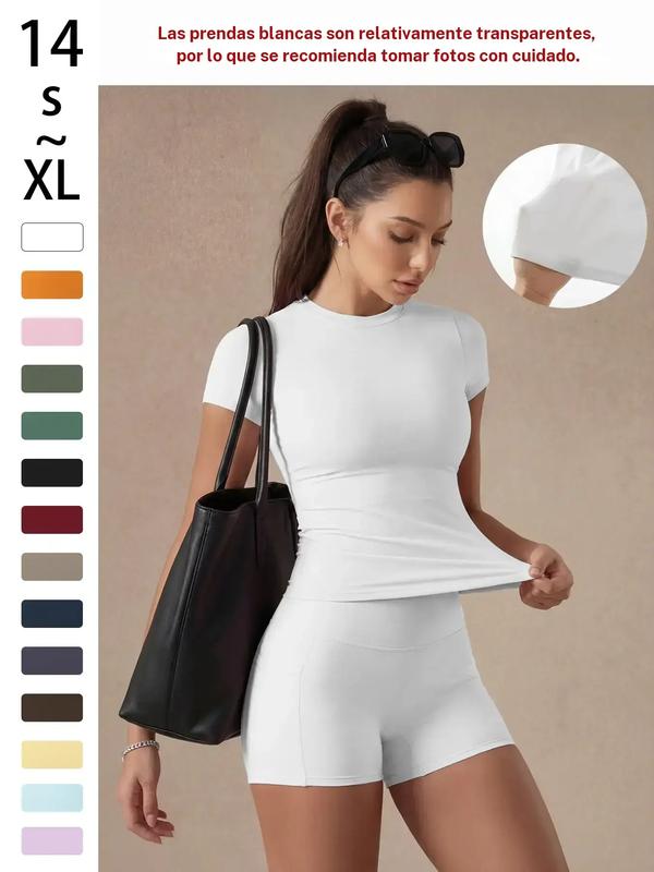 Women's Solid Color Set, Basic Versatile T-Shirt Top, Fashion Multi-Purpose Slimming Hip-Lifting Gym Shorts, Yoga Fitness Gym