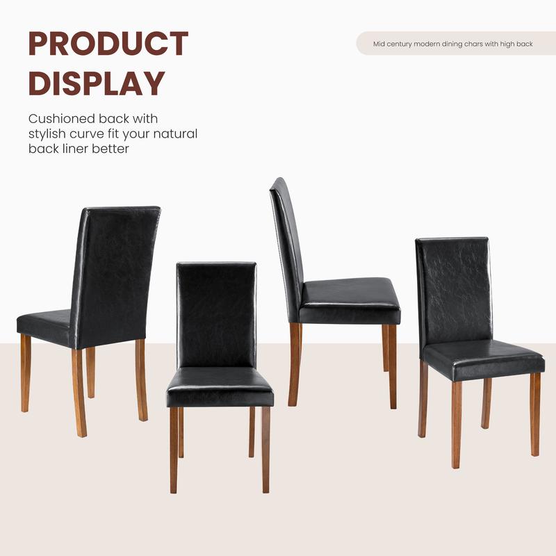 Juego de 4 sillas de comedor, sillas de cocina tapizadas en cuero vegano, sillas laterales de madera con respaldo ergonómico curvado y patas de madera de caucho, asientos acolchados de respaldo alto para comedor.