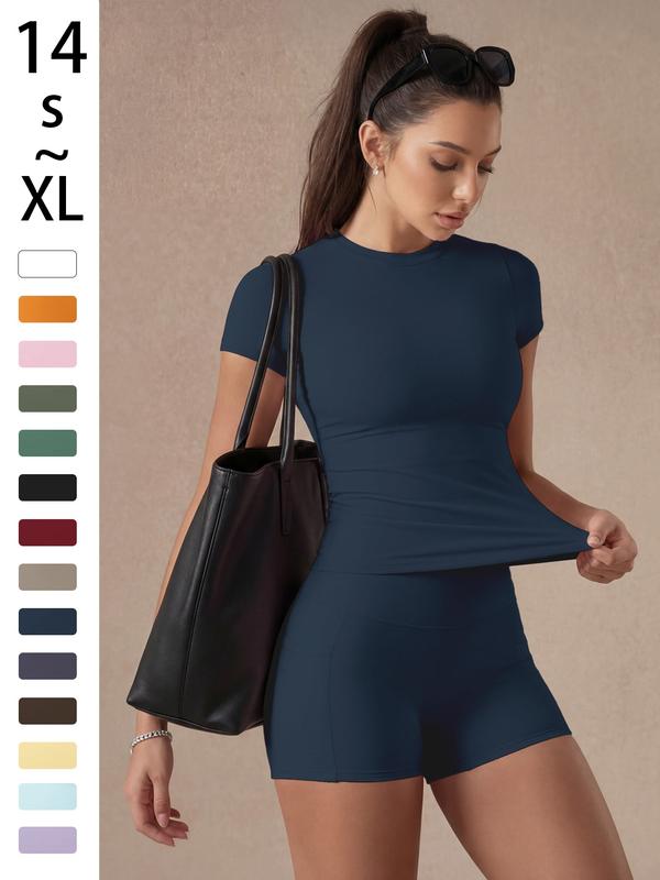 Women's Solid Color Set, Basic Versatile T-Shirt Top, Fashion Multi-Purpose Slimming Hip-Lifting Gym Shorts, Yoga Fitness Gym