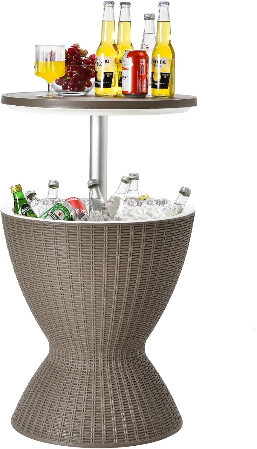Tangkula - Mesa de Bar para Exteriores, Estilo ratán, Enfriador de Cerveza y Vino de 8 galones, cubeta de Hielo para Todo Tipo de Clima con Altura Ajustable, tapón de Drenaje, Mesa de Centro 3 en 1