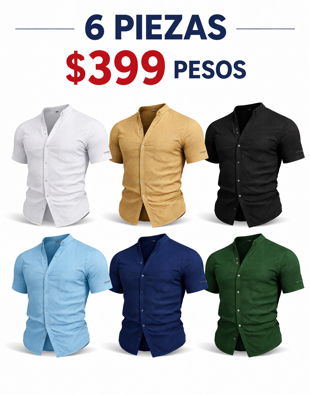 6 Camisas de Verano para Hombre – Ligera, Transpirable, con Cuello en V y Bolsillos, Color Sólido, Ideal para Playa, Piscina y Uso Casual