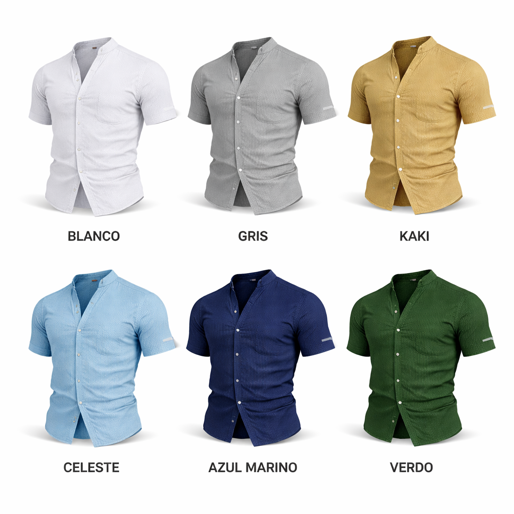 6 Camisas de Verano para Hombre – Ligera, Transpirable, con Cuello en V y Bolsillos, Color Sólido, Ideal para Playa, Piscina y Uso Casual