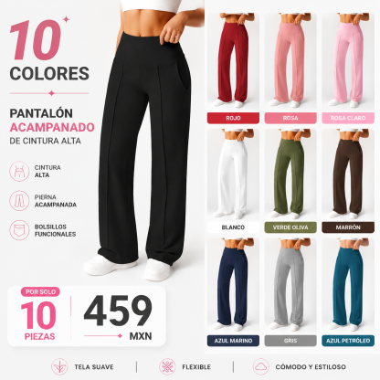Pantalones de mujer de tiro medio, cintura elástica y pernera ancha; estilo deportivo casual, cómodos bolsillos laterales; ideales para el día a día; moda femenina.