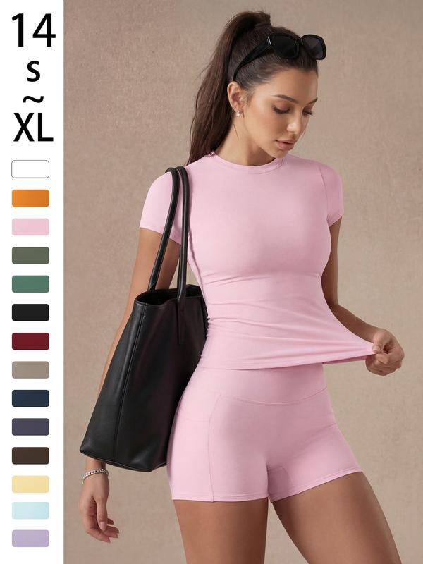Women's Solid Color Set, Basic Versatile T-Shirt Top, Fashion Multi-Purpose Slimming Hip-Lifting Gym Shorts, Yoga Fitness Gym