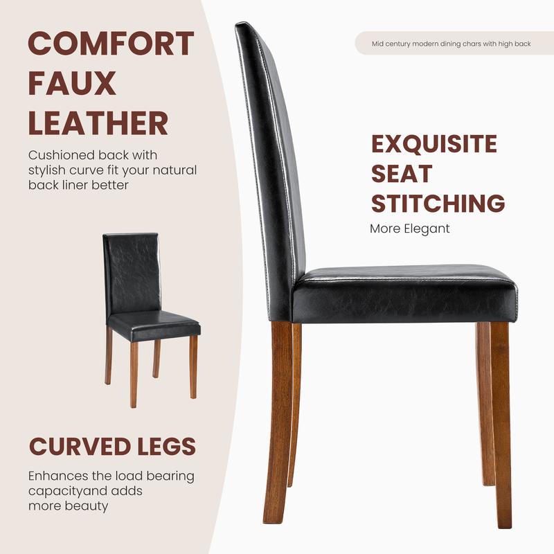 Juego de 4 sillas de comedor, sillas de cocina tapizadas en cuero vegano, sillas laterales de madera con respaldo ergonómico curvado y patas de madera de caucho, asientos acolchados de respaldo alto para comedor.