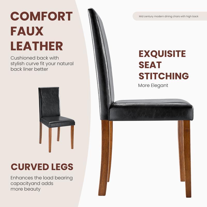 Juego de 4 sillas de comedor, sillas de cocina tapizadas en cuero vegano, sillas laterales de madera con respaldo ergonómico curvado y patas de madera de caucho, asientos acolchados de respaldo alto para comedor.