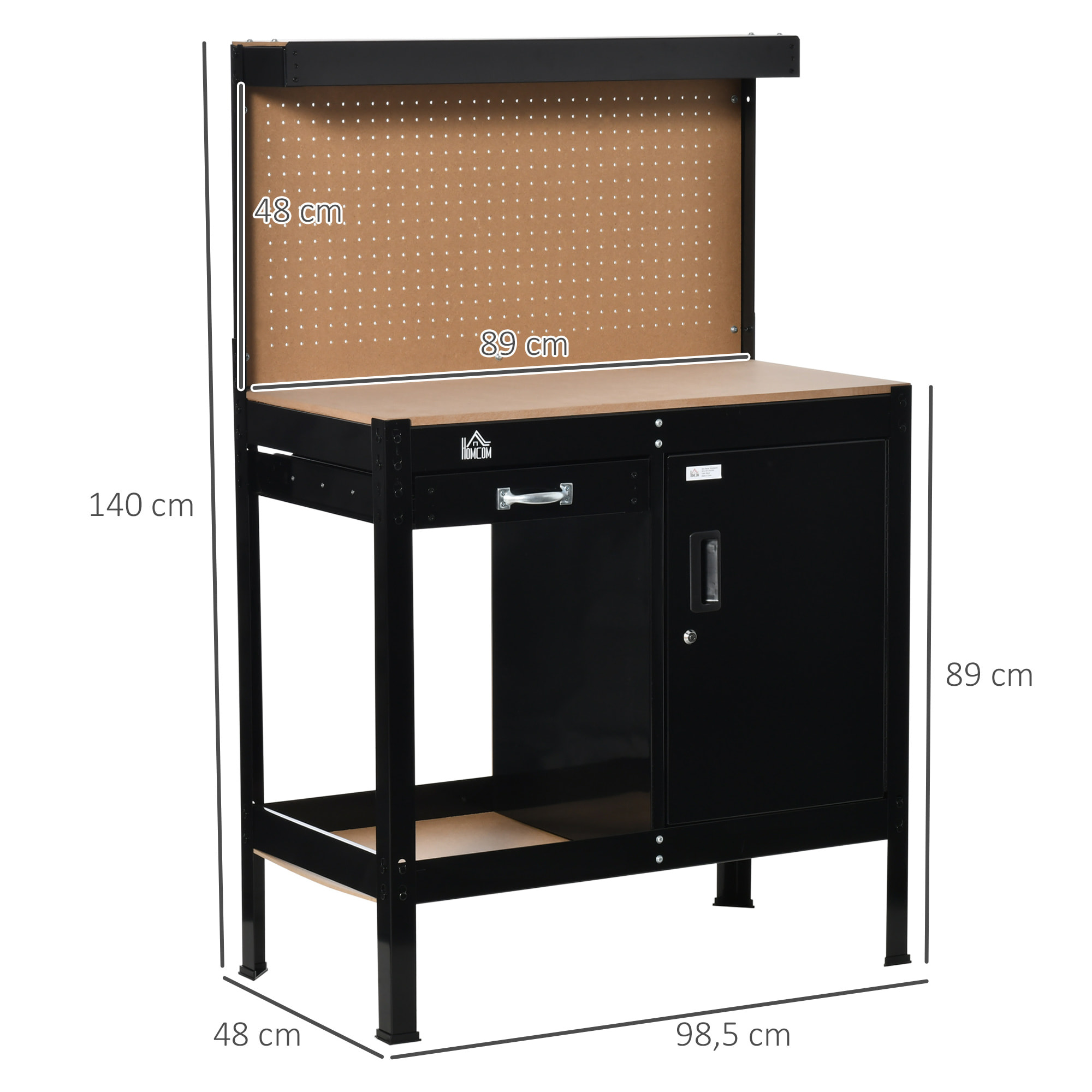 Banco de Trabajo 98,5x48x140 cm Carga 100 kg Mesa de Banco con Panel Perforado Cajón Estante y Armario con Cerradura Negro