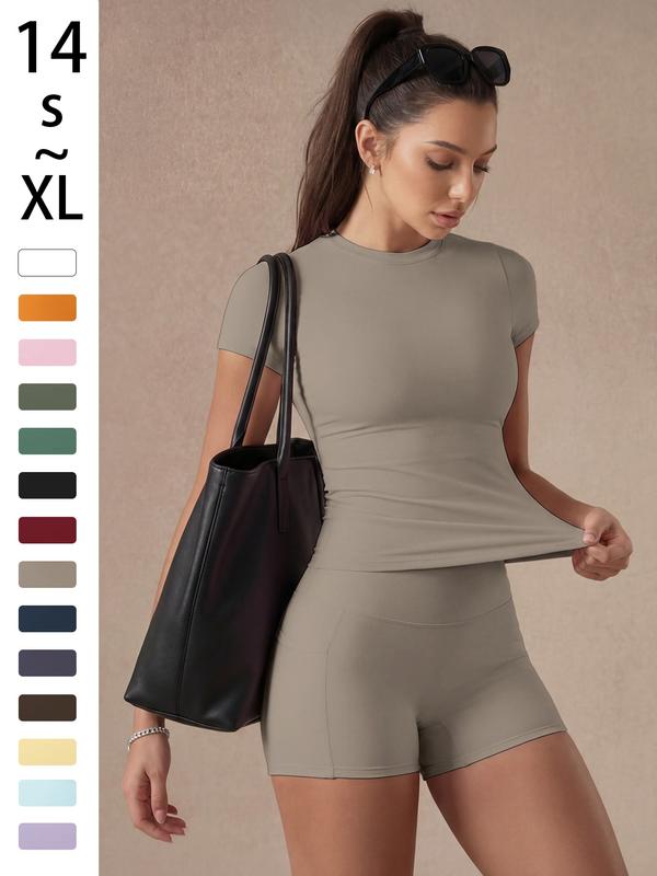 Women's Solid Color Set, Basic Versatile T-Shirt Top, Fashion Multi-Purpose Slimming Hip-Lifting Gym Shorts, Yoga Fitness Gym