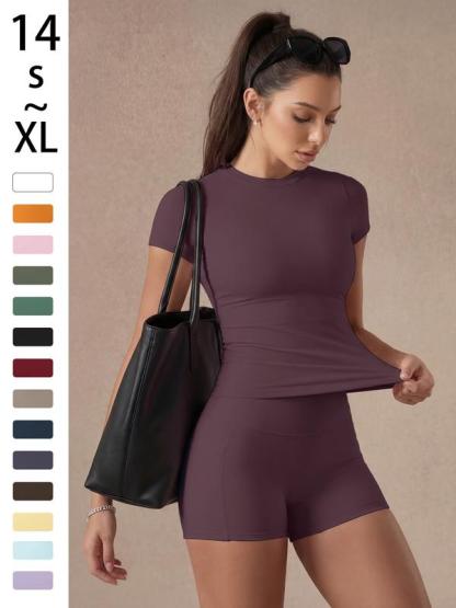 Women's Solid Color Set, Basic Versatile T-Shirt Top, Fashion Multi-Purpose Slimming Hip-Lifting Gym Shorts, Yoga Fitness Gym