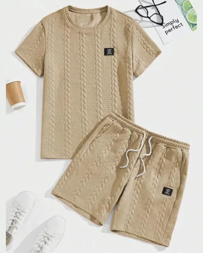 Conjunto de Camiseta Texturizada Sólida para Hombre y Shorts con Cintura Ajustable