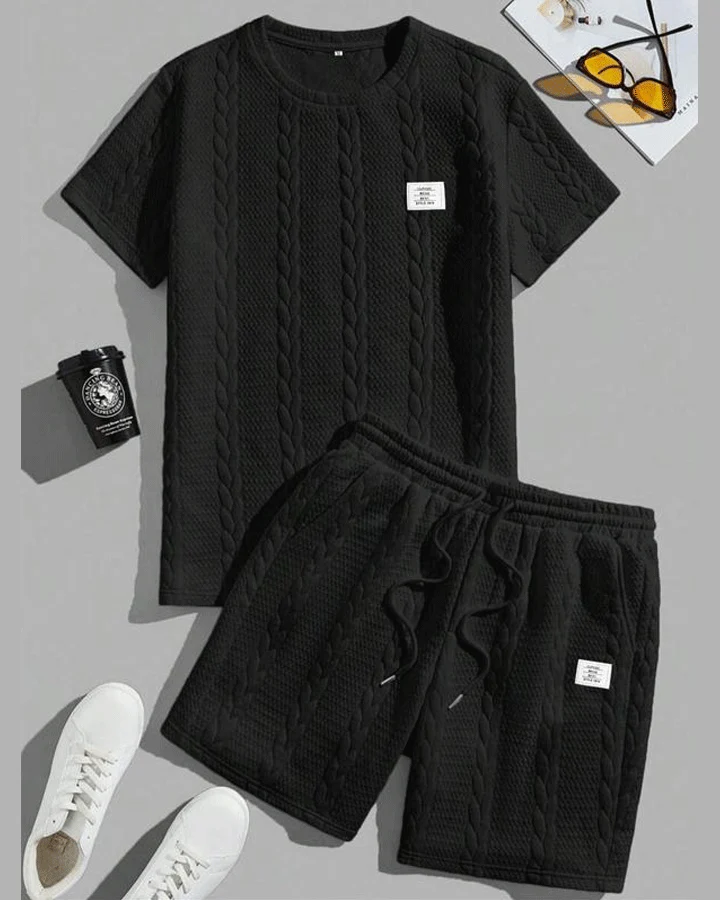 Conjunto de Camiseta Texturizada Sólida para Hombre y Shorts con Cintura Ajustable