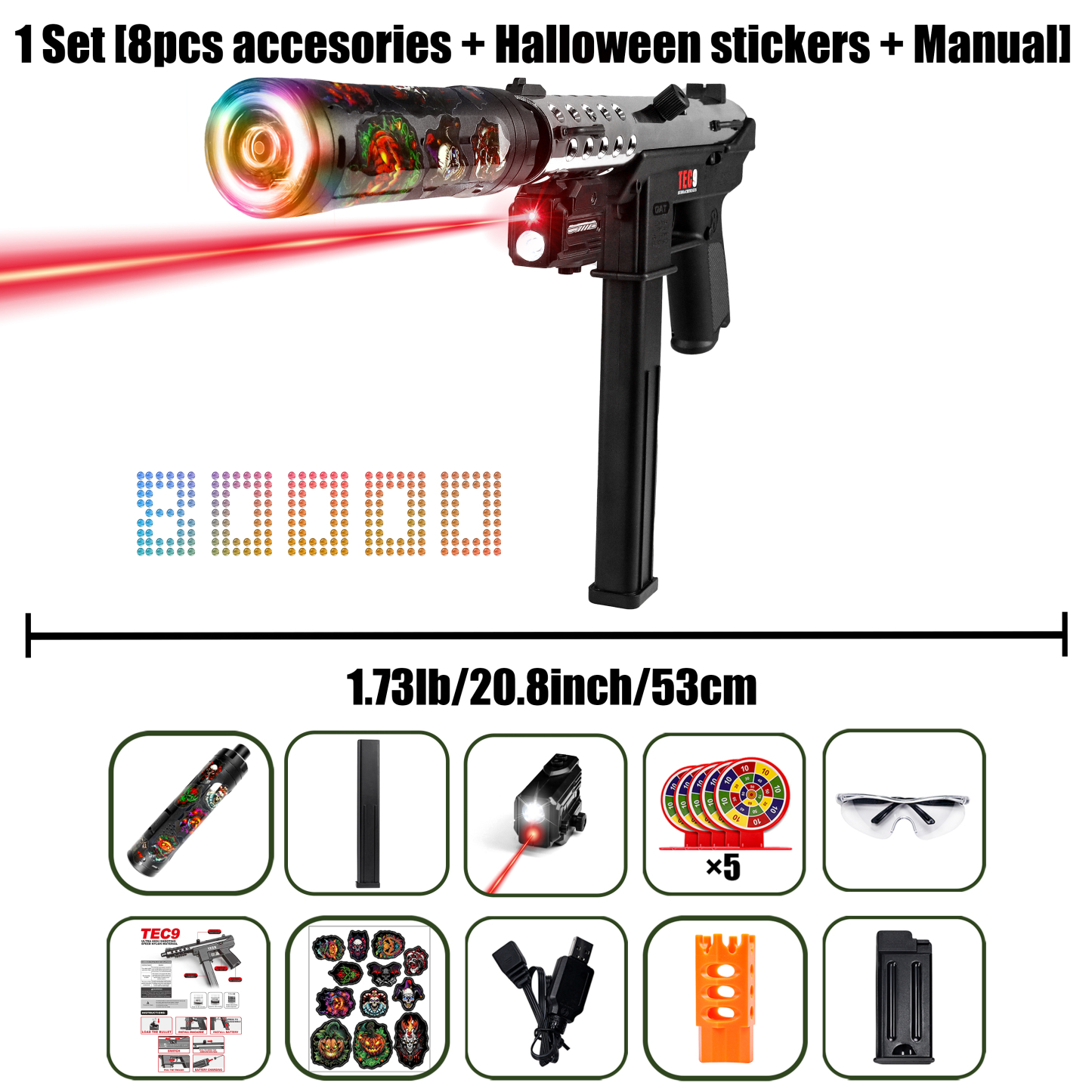 JOYNAS  TEC9 Gel Toy Gun, High Performance Cool Toy Gun,Colorful Luminous Silencer, High Performance Toy Gun, GelGun, Splatrball Gun, USB Rechargeable Automatic AssaultRifle Toy, Summer Toy Christmas Creative