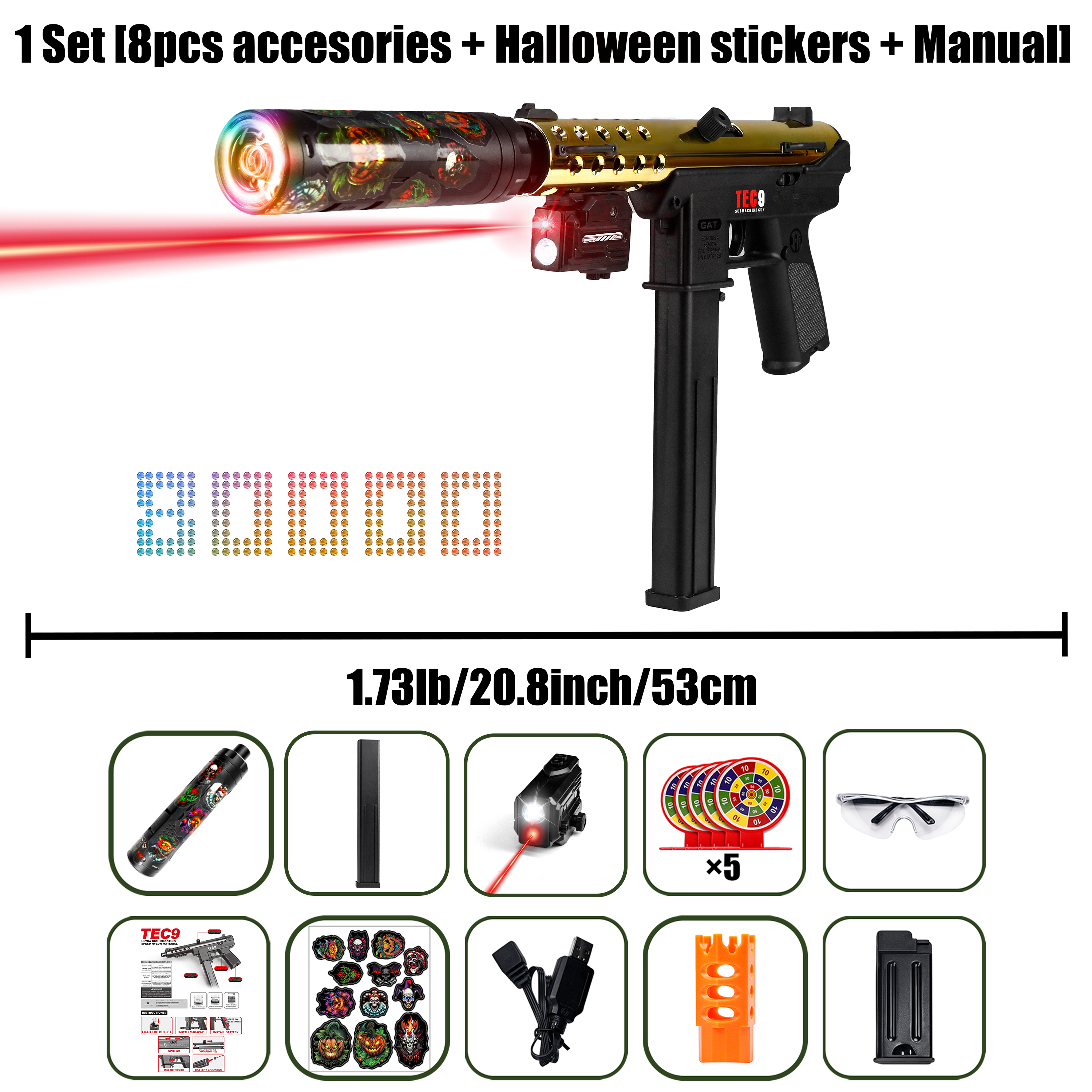 JOYNAS TEC9 Gel Toy Gun, High Performance Cool Toy Gun,Colorful Luminous Silencer, High Performance Toy Gun, GelGun, Splatrball Gun, USB Rechargeable Automatic AssaultRifle Toy, Summer Toy Christmas Creative