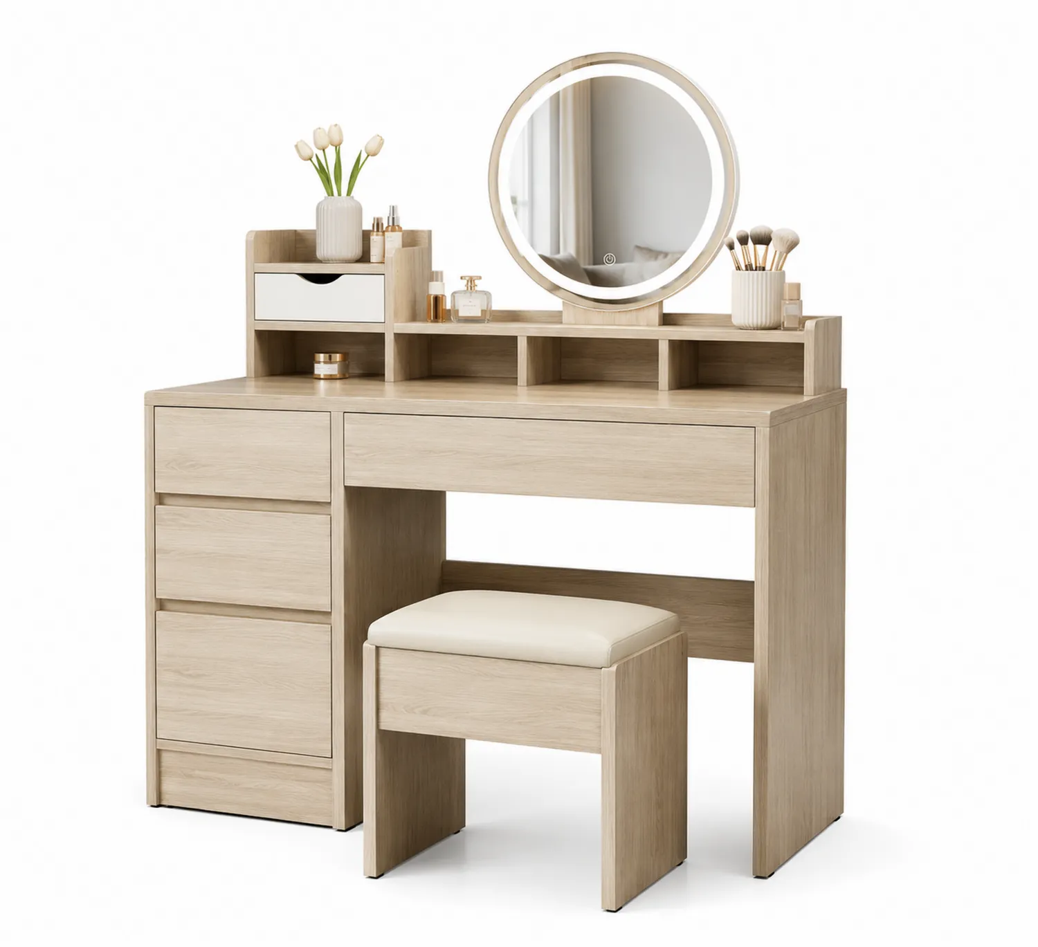 Toaletka z lustrem LED, drewno dębowe, taboret tapicerowany