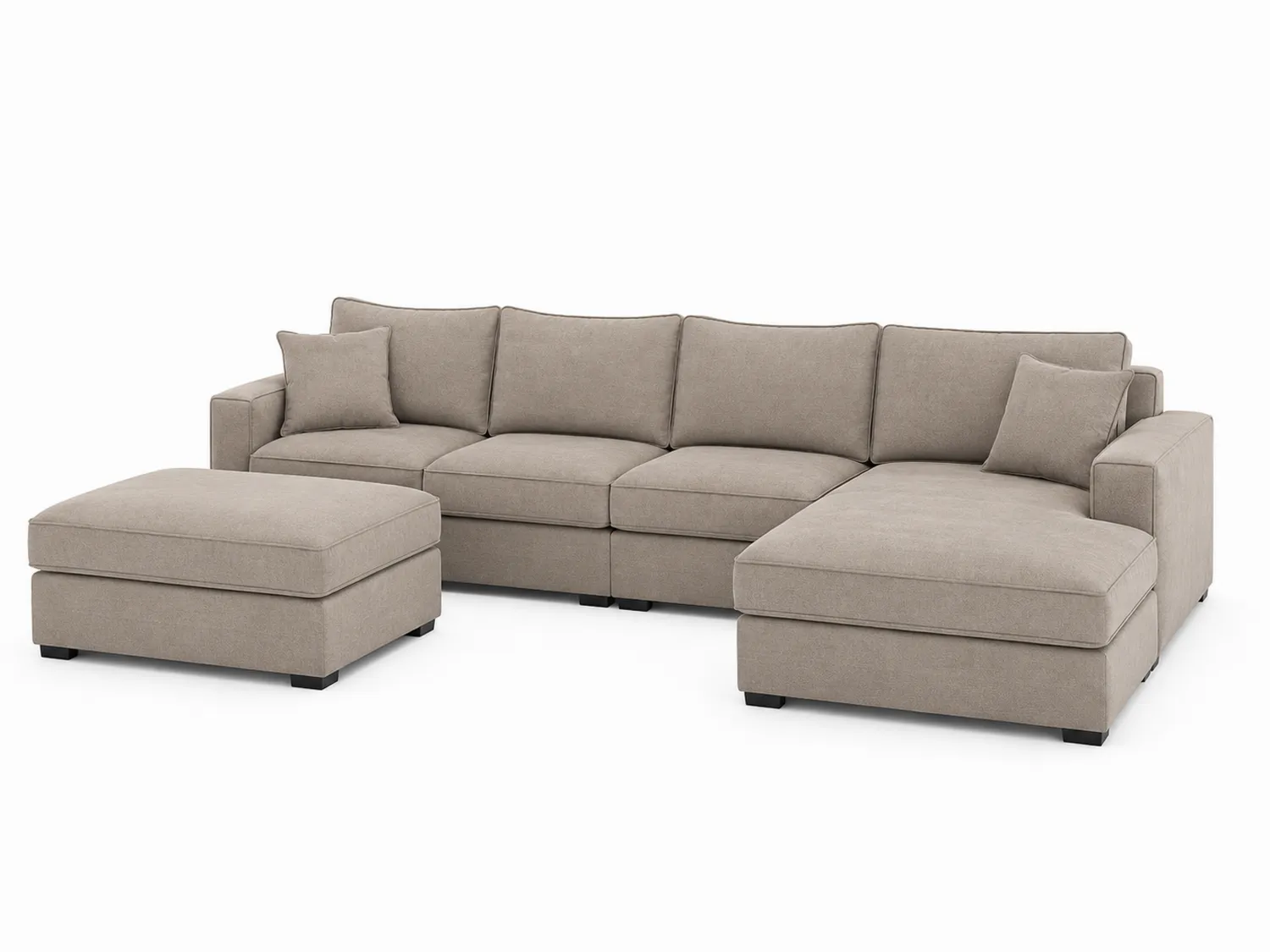 Modułowa sofa z szezlongiem i pufą, beżowa tkanina