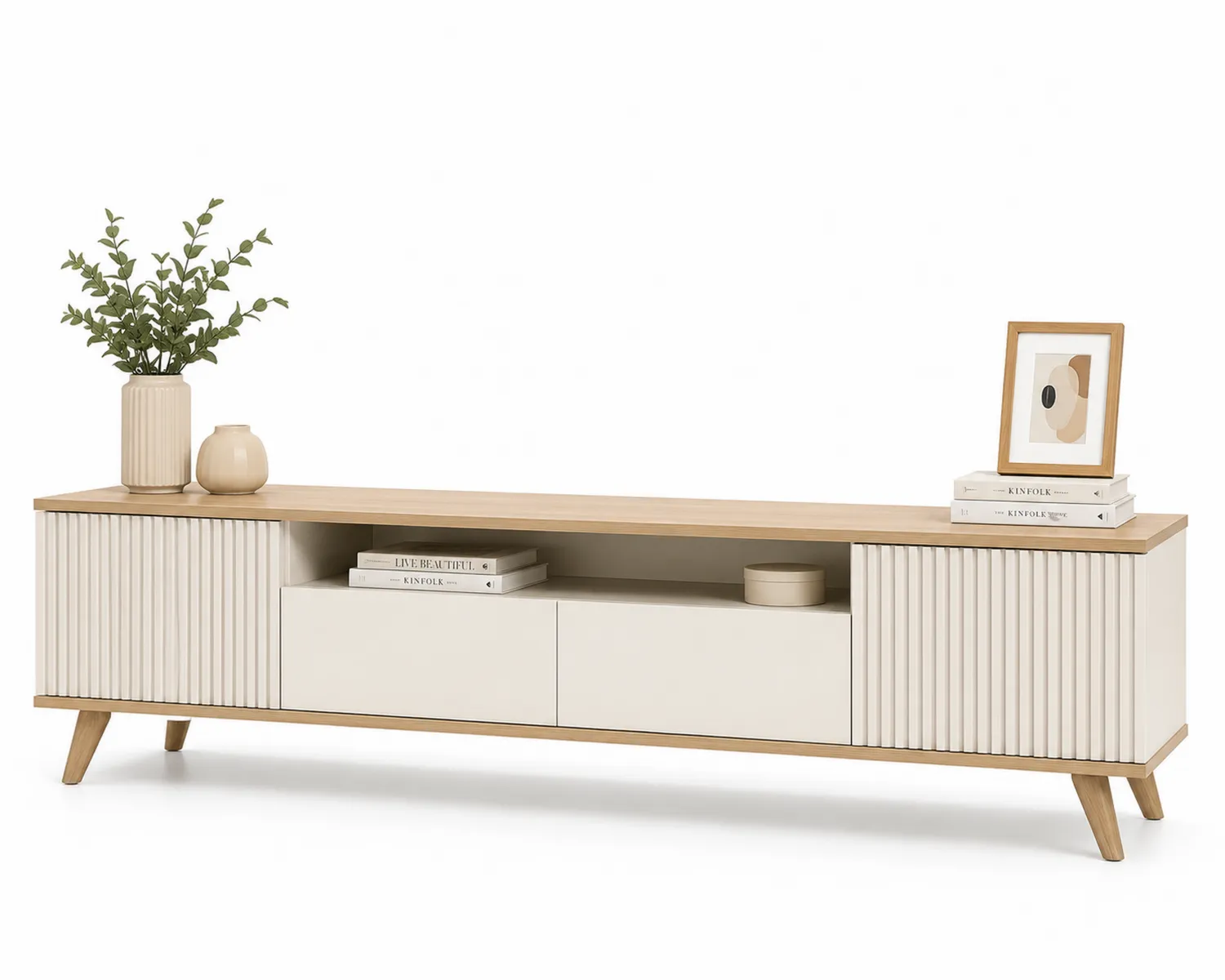 Szafka RTV MDF z drewnianymi nogami 140x35x45 cm Kremowy/Dąb