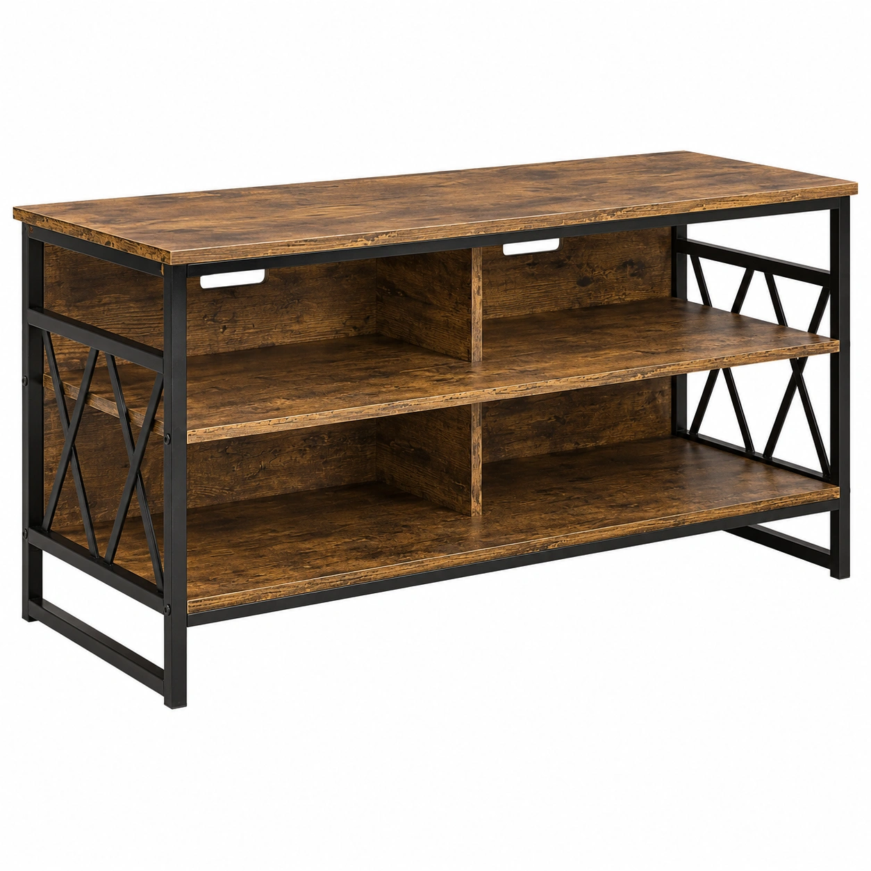 Mueble TV Industrial con Estantes Abiertos y Estructura Metalica Marron Oscuro Moderno-SelviaHouse
