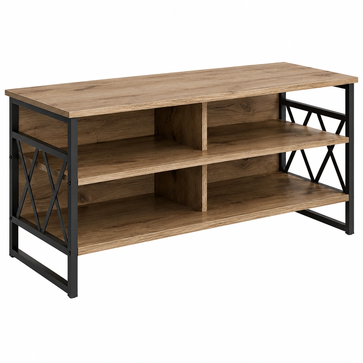 Mesa TV industrial con estantes abiertos y estructura metalica efecto madera nogal-SelviaHouse
