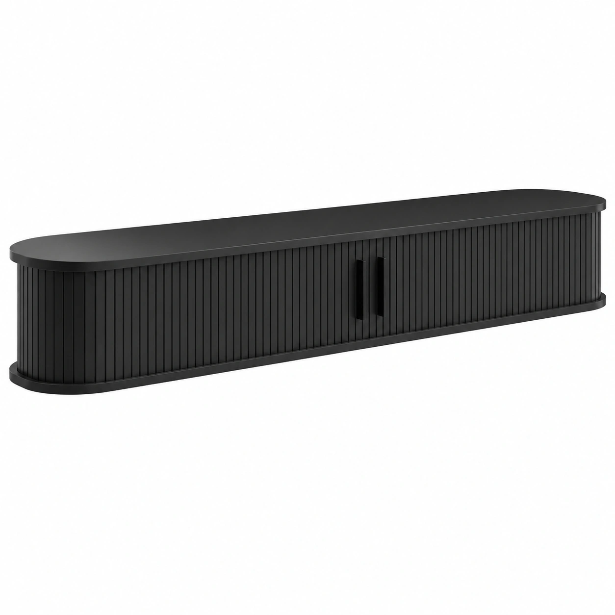 Mueble TV flotante moderno curvo con puertas ranuradas para salon Negro mate-SelviaHouse