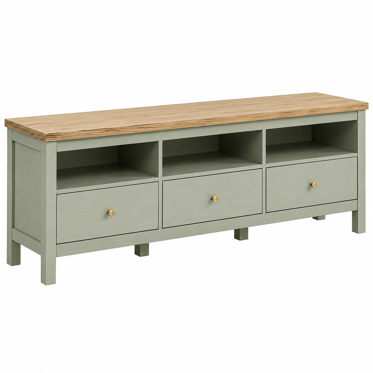 Mueble TV moderno con 3 cajones y estantes abiertos estilo nordico verde salvia-SelviaHouse