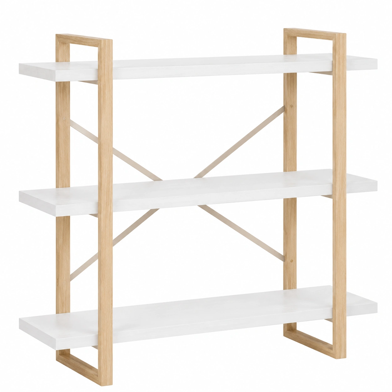 Estanteria minimalista de 3 niveles con acabado blanco y madera-SelviaHouse