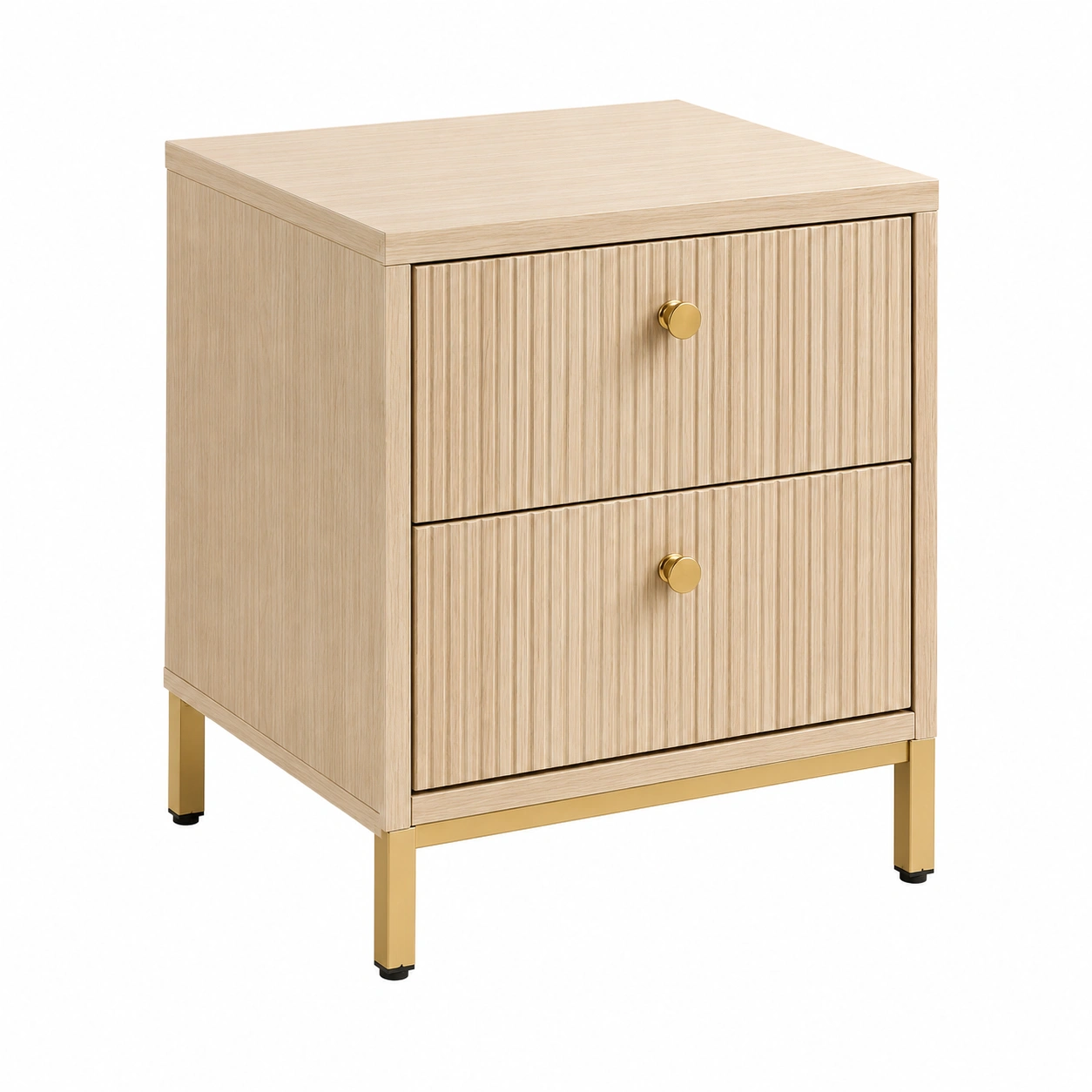 Mesita de noche moderna con 2 cajones textura lineal Blanco arena / Dorado-SelviaHouse