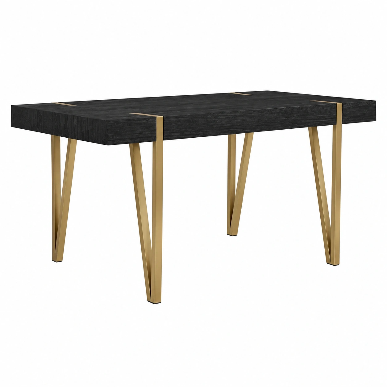 Mesa de Comedor Moderna Negra con Patas Geometricas Doradas y Tablero de Madera Texturizada-SelviaRoom