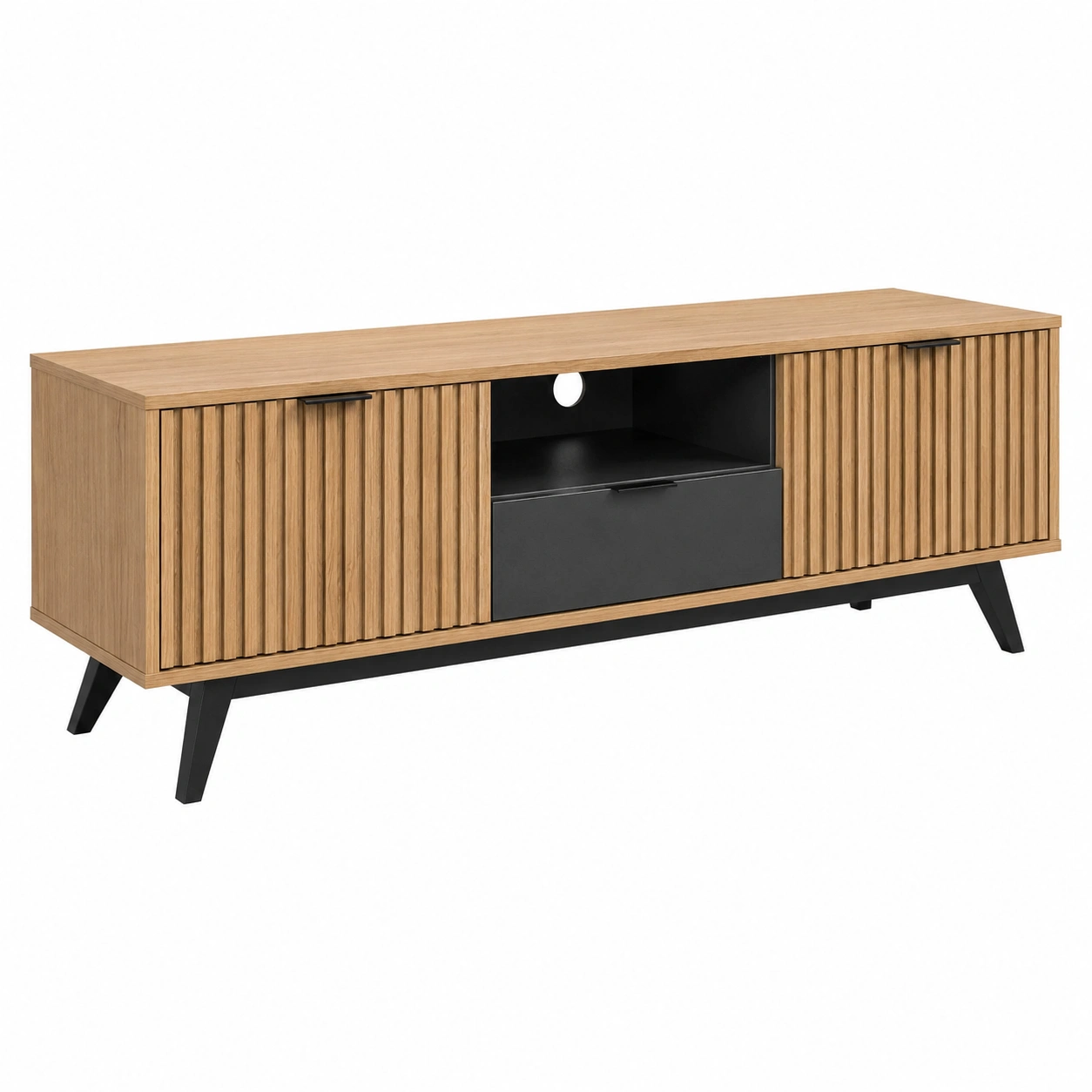 Mueble TV Moderno Nordic con Puertas Ranuradas y Cajon Central Roble/Negro-SelviaRoom